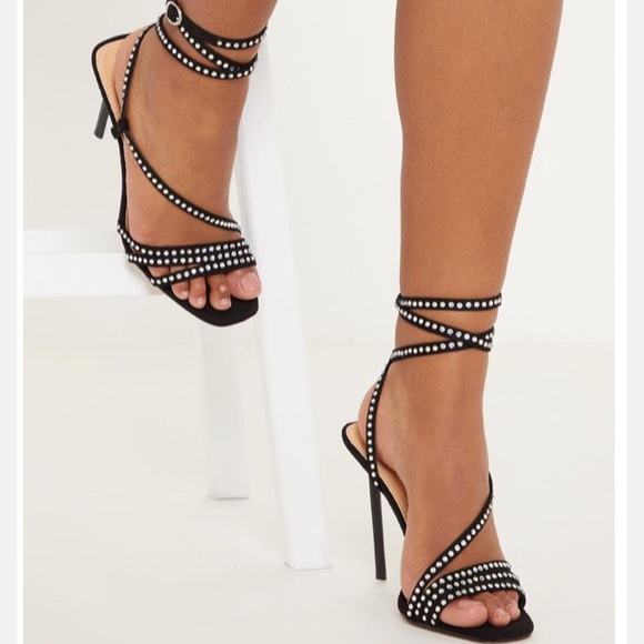 PrettyLittleThing Shoes - Black Square Toe Embellished Sandal Heel